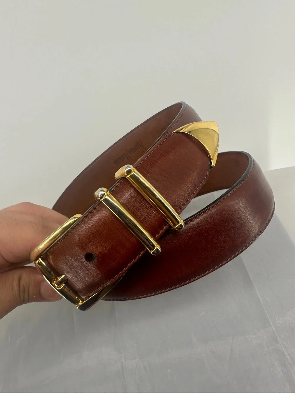 Neiman Marcus brown leather and gold hardware western belt